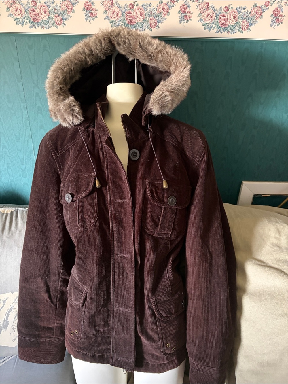 Reitmans Dark Brown Corduroy Utility Jacket with Faux-Fur Hood